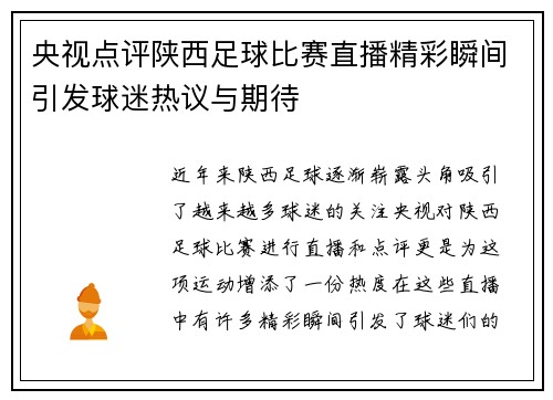 央视点评陕西足球比赛直播精彩瞬间引发球迷热议与期待