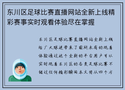 东川区足球比赛直播网站全新上线精彩赛事实时观看体验尽在掌握